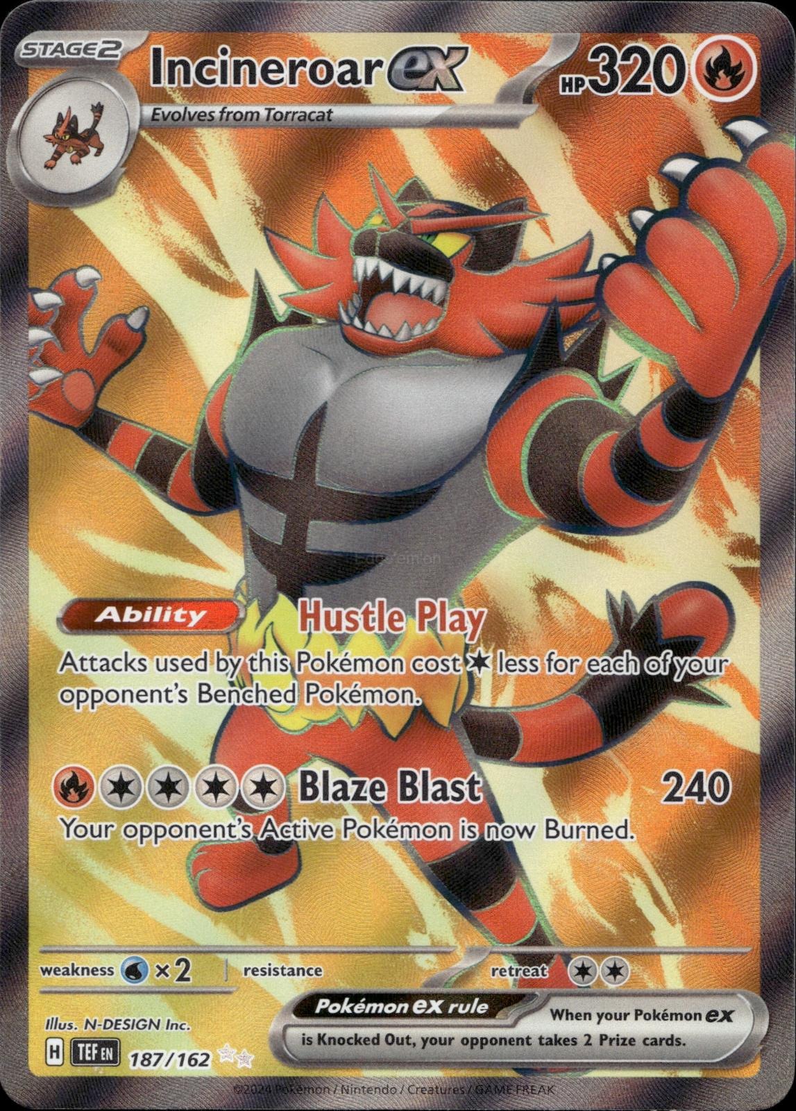 Incineroar ex 187/162 NM/M Ultra Rare Temporal Forces Pokemon Holo
