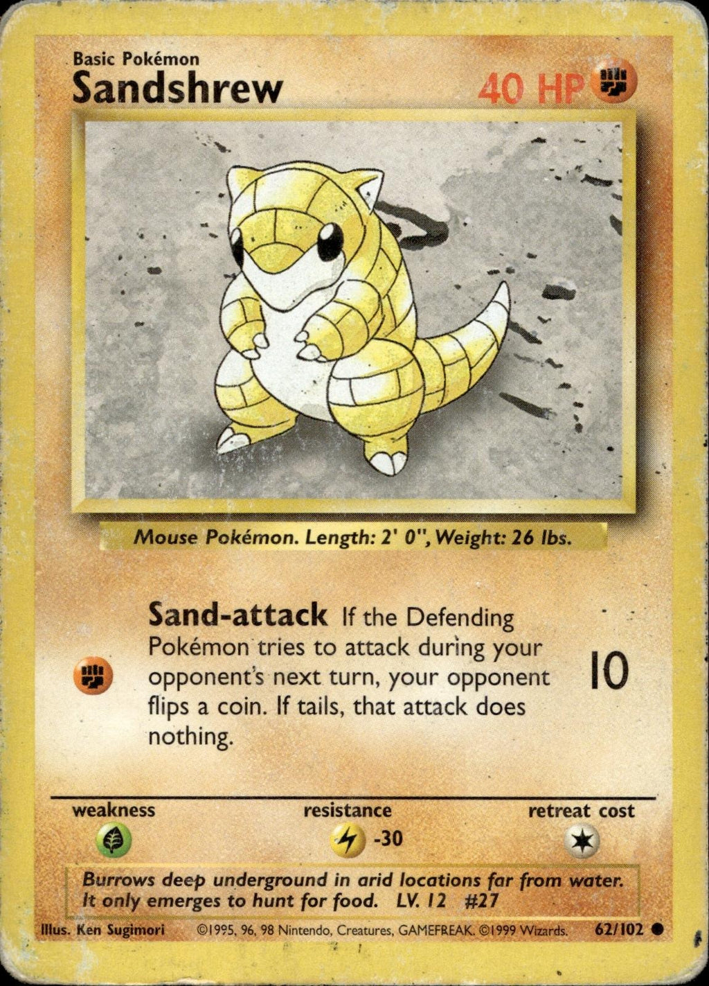 Sandshrew 62/102 HP Common Base Set Unlimited Pokemon