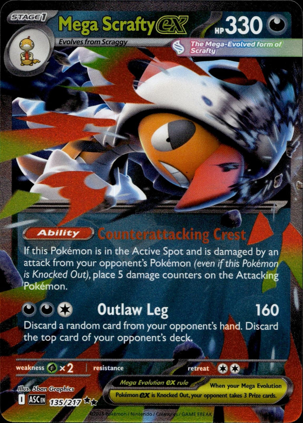 Mega Scrafty ex 135/217 NM/M Double Rare Ascended Heroes Pokemon Holo