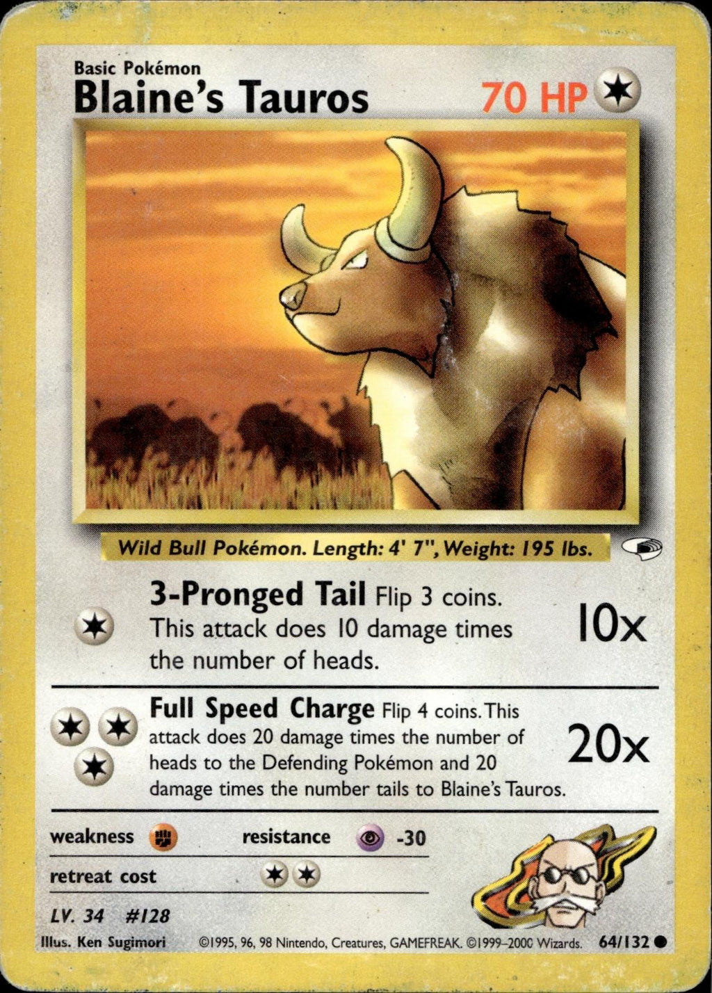 Blaine's Tauros 64/132 HP Common Gym Heroes Pokemon Unlimited