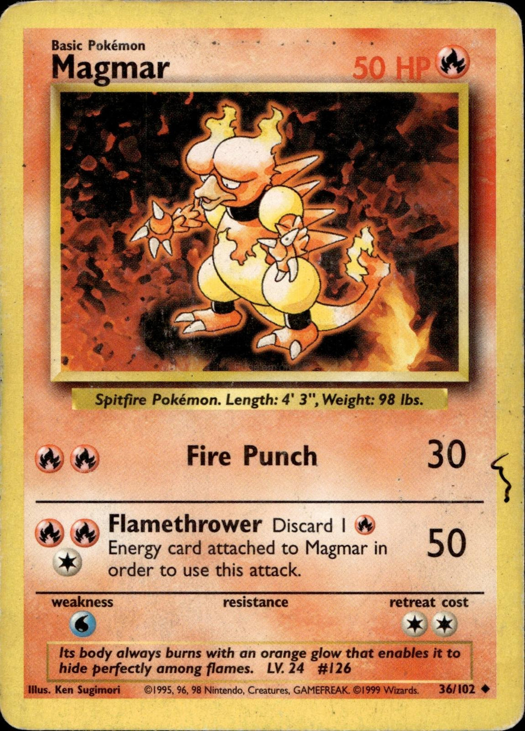 Magmar 36/102 HP Uncommon Base Set Unlimited Pokemon