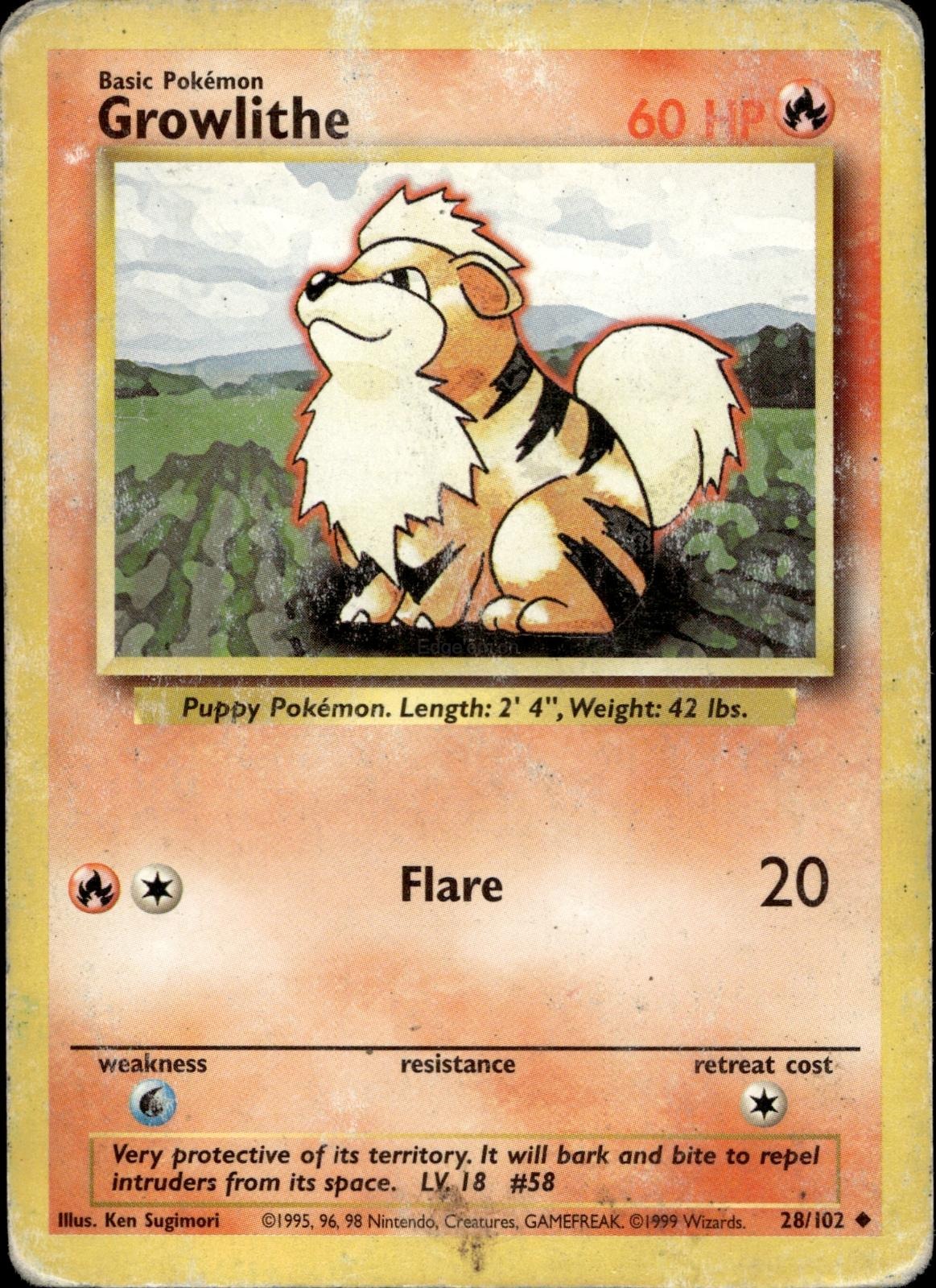 Growlithe 28/102 HP Uncommon Base Set Unlimited Pokemon
