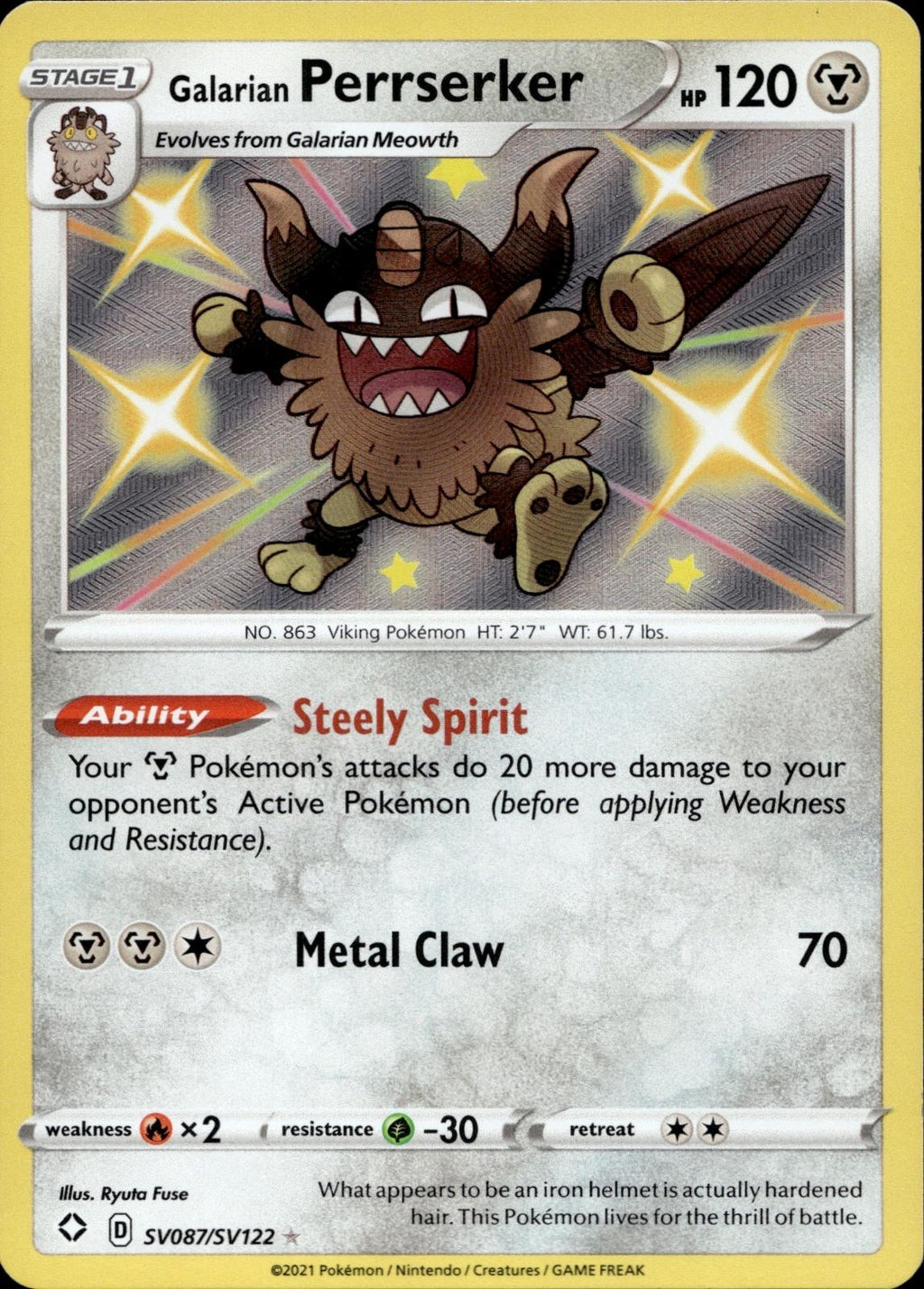 Galarian Perrserker SV087/SV122 NM/M Shining Fates Shiny Vault Pokemon Holo