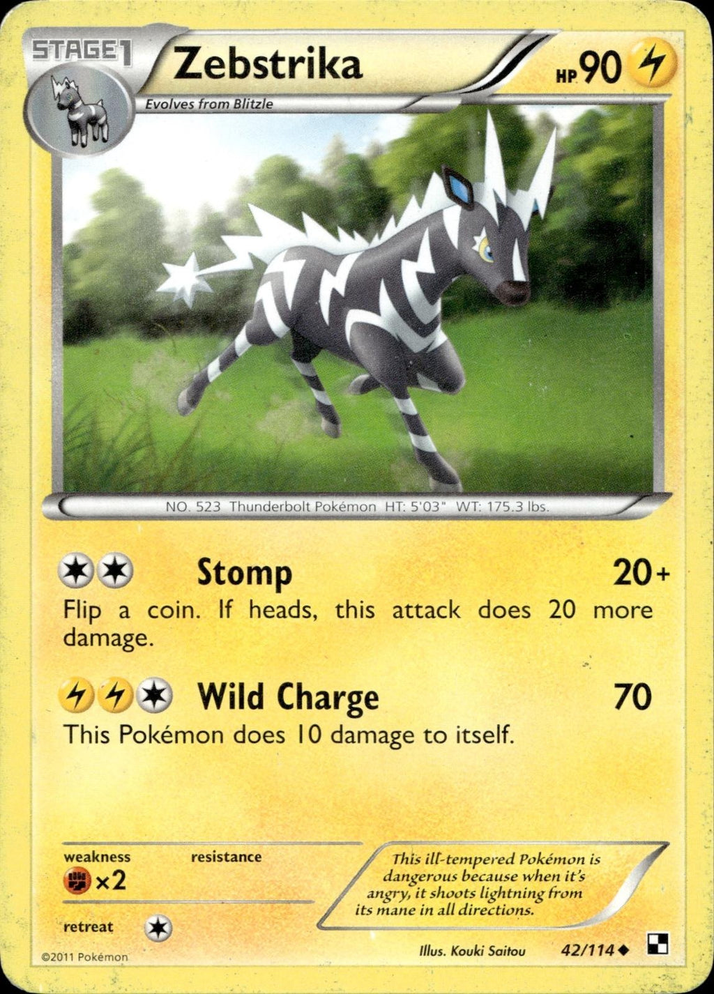 Zebstrika 42/114 HP Uncommon Black & White Pokemon