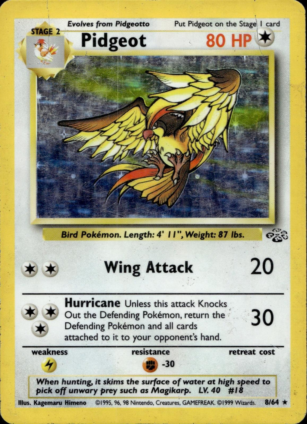 Pidgeot 8/64 HP Rare Jungle Pokemon Unlimited Holo