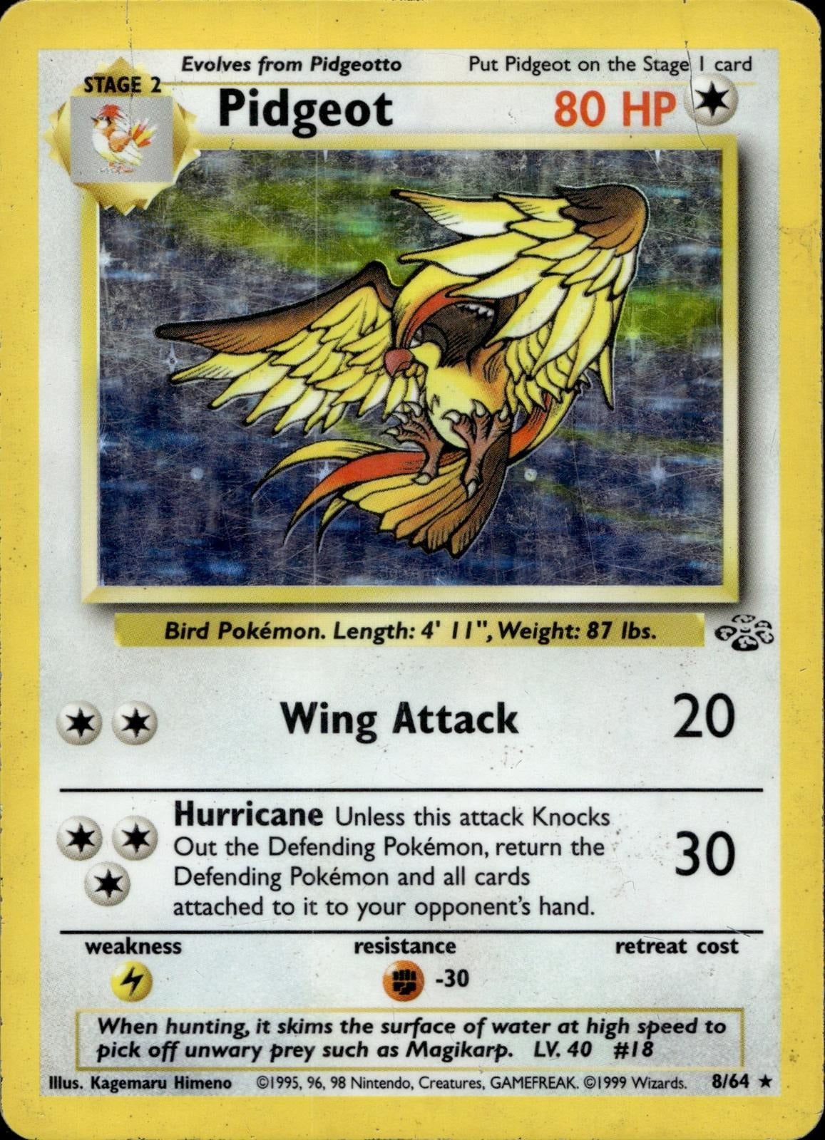 Pidgeot 8/64 HP Rare Jungle Pokemon Unlimited Holo