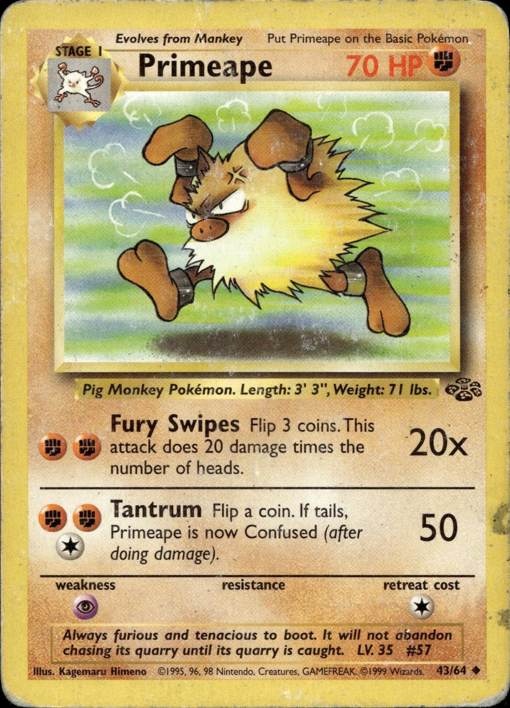 Primeape 43/64 HP Uncommon Jungle Pokemon Unlimited